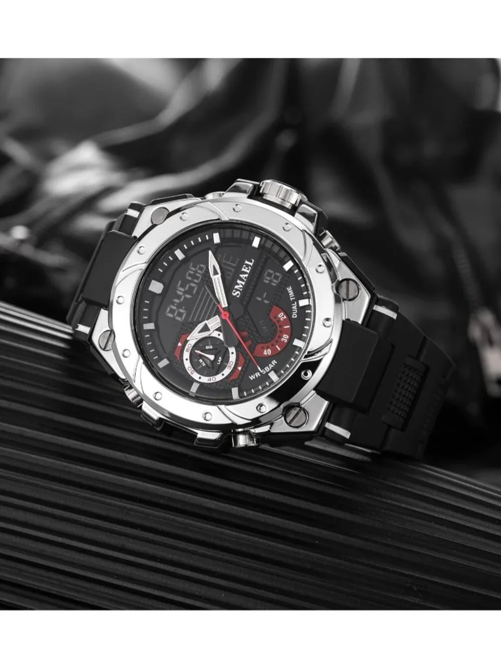 Mens Black And Silver Analog Quartz Sport Waterproof Military LED Digital Watch
